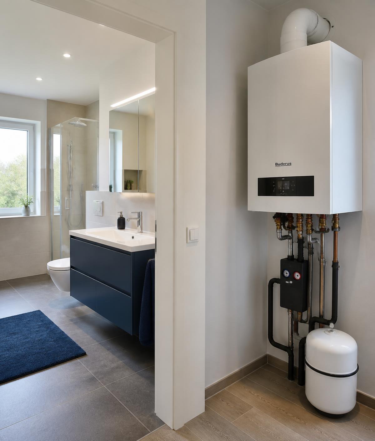 Saniertes Badezimmer und neu installierte, moderne Heizungsanlage eines Handwerksbetriebs